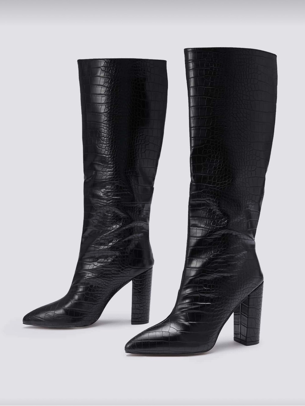 Black Croc Embossed Knee High Heeled Boots | Pointed Toe